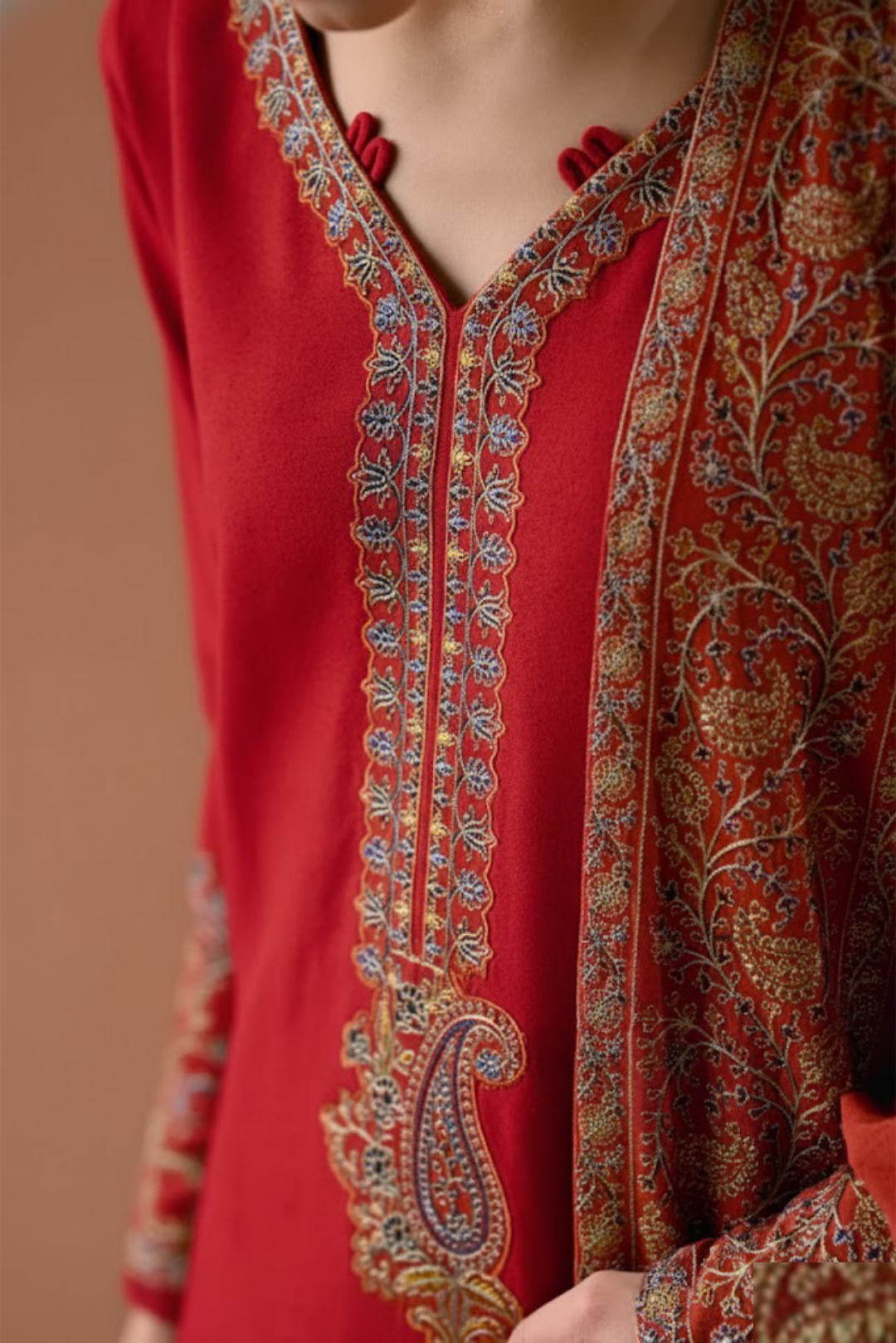 Scarlett Red Embroidered Dhanak 3-Piece Outfit - Festive Attire