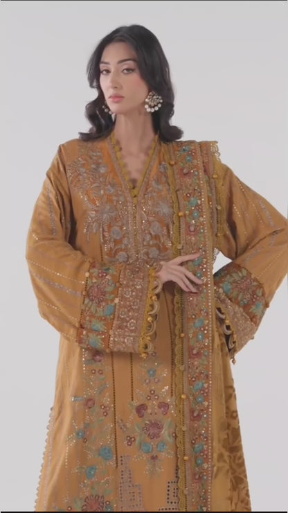 Luxury Mustard Embroidered Dhanak 3-Piece Suit - Luxury You Feel