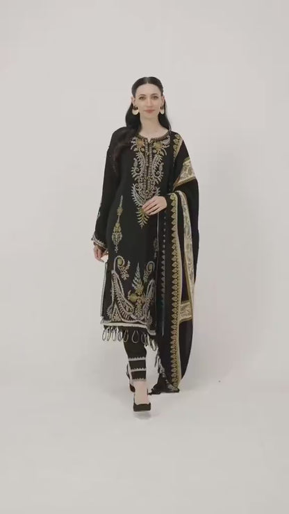 Dark Luxe Embroided 3-piece Suit with Pashmina wool Printed Shawl