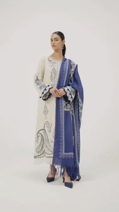 Celestial White Embroided 3-piece Suit with Slub wool Printed Shawl