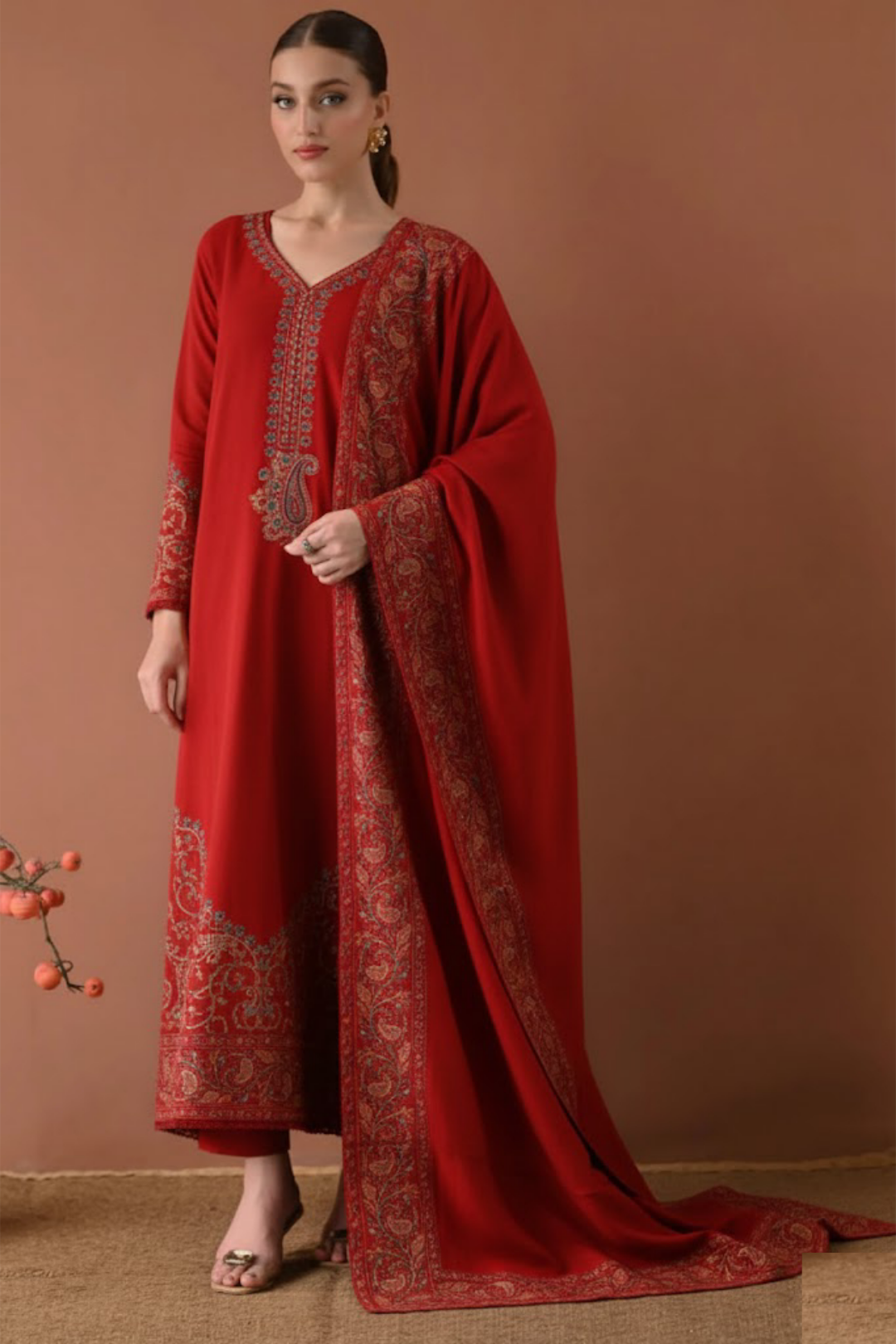 Scarlett Red Embroidered Dhanak 3-Piece Outfit - Festive Attire