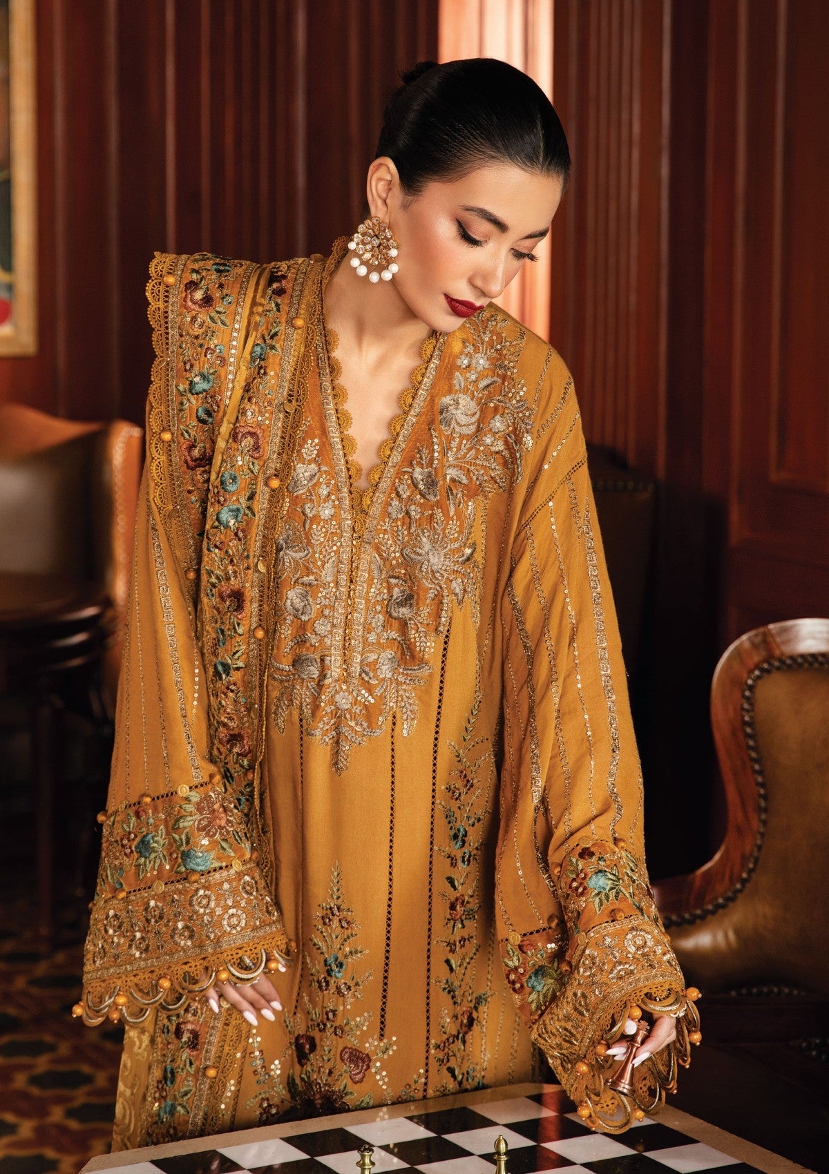 Luxury Mustard Embroidered Dhanak 3-Piece Suit - Luxury You Feel