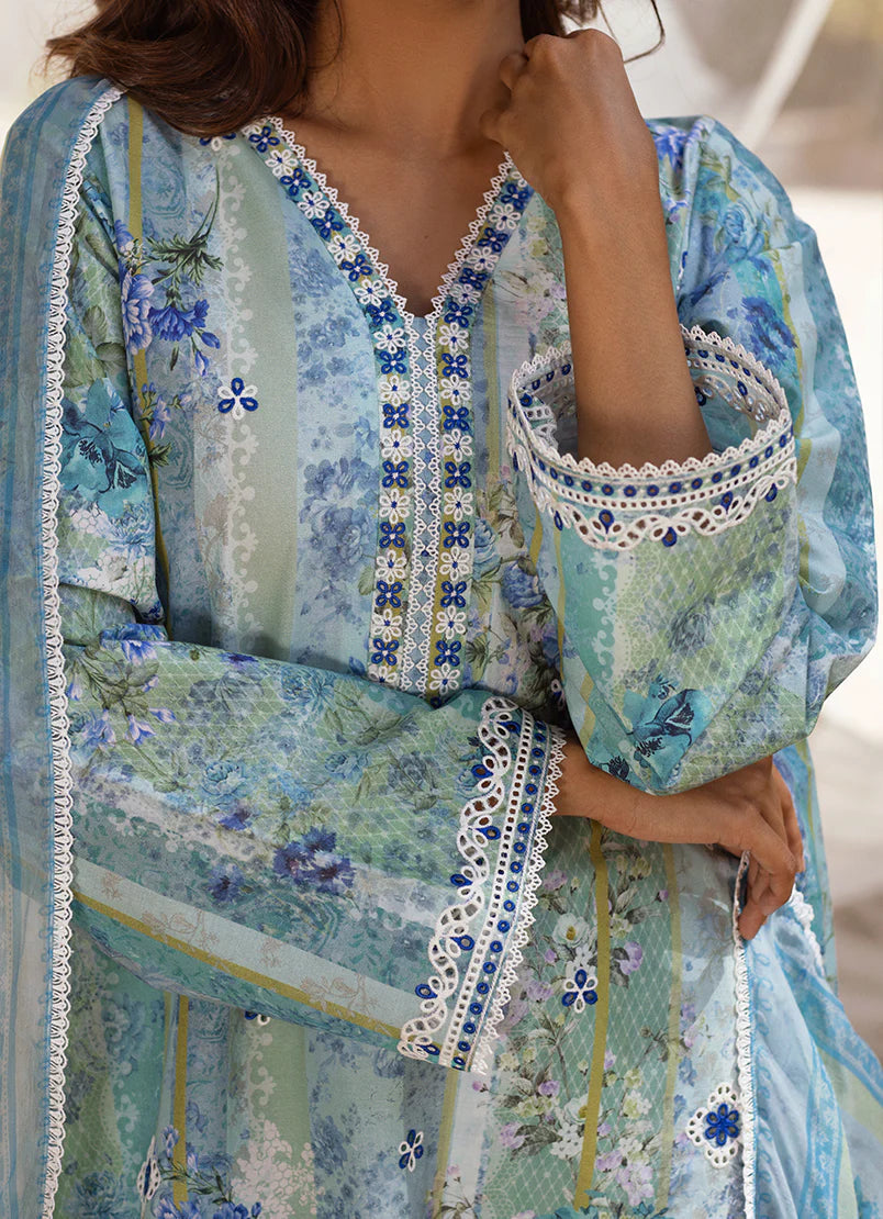 Celestial Blue Printed Dhanak 3-Piece Outfit
