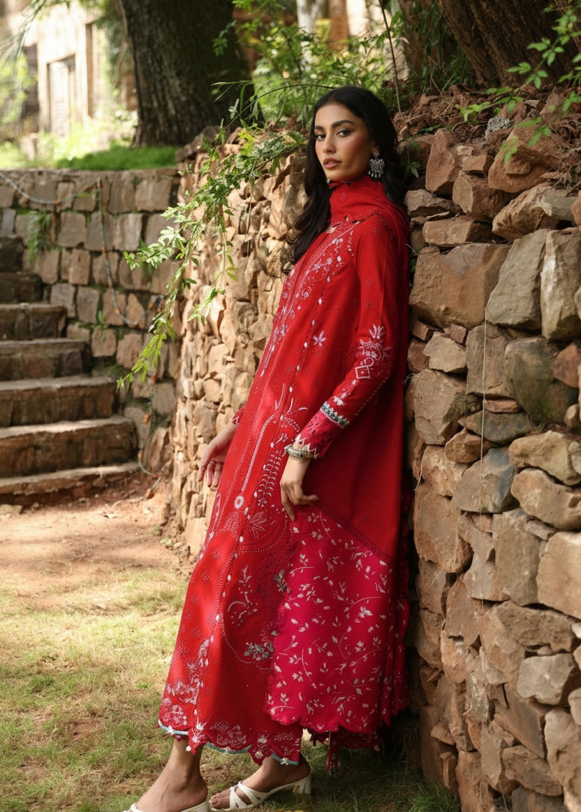 Vibrant Red Embroidered Dhanak 3-Piece Suit