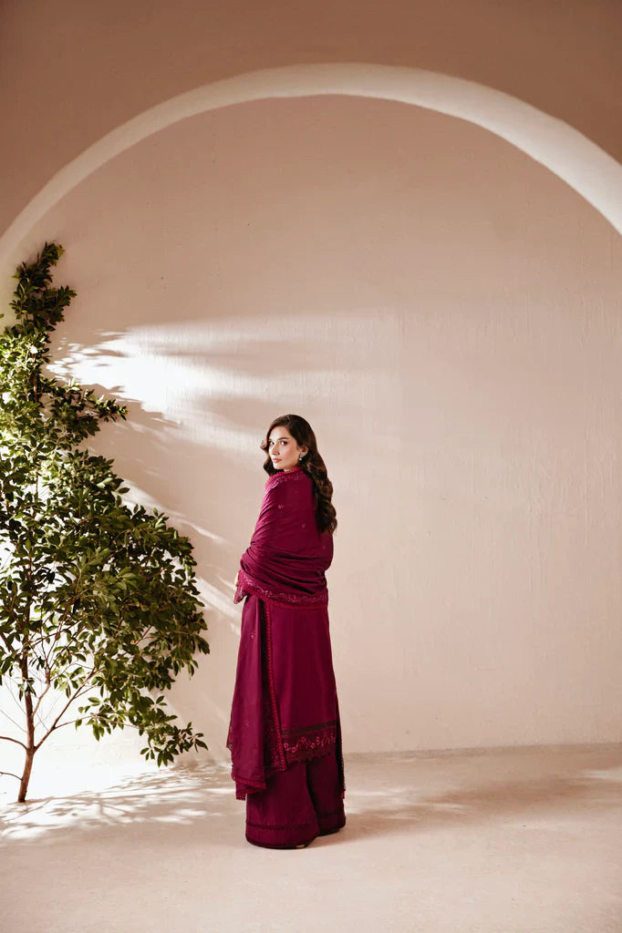 Majestic Maroon Embroidered Luxury Dhanak 3-Piece Outfit