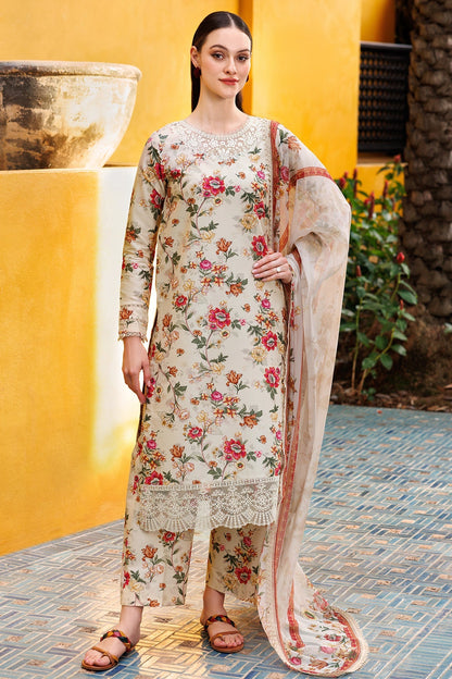 Ivory Floral Fiesta Printed Lawn 3-Piece Outfit – Sophisticated Wear