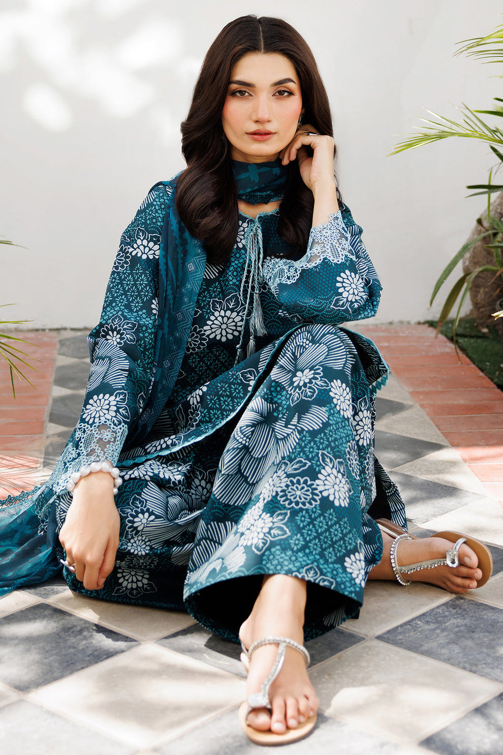 Teal Petal Chic Printed Lawn 3-Piece Outfit - Festive Wear