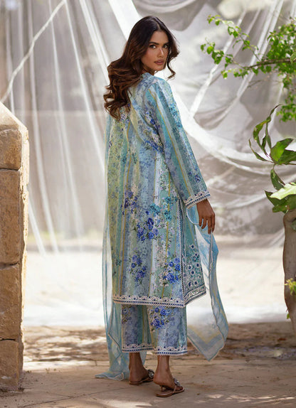 Celestial Blue Printed Dhanak 3-Piece Outfit