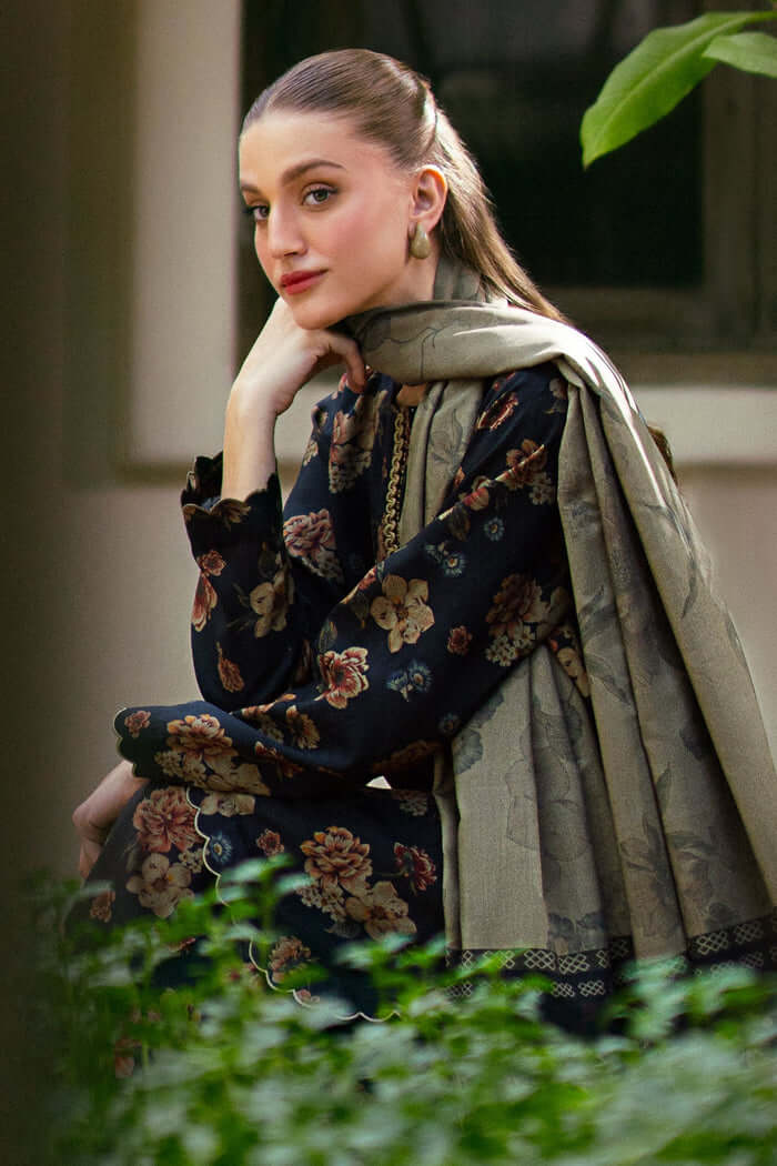 Elegant Navy Printed Dhanak 3-Piece Suit - Floral Pattern