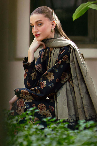Elegant Navy Printed Dhanak 3-Piece Suit - Floral Pattern