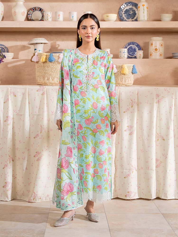 Aqua Blossom Elegance Printed Lawn 3-Piece – Style Statement