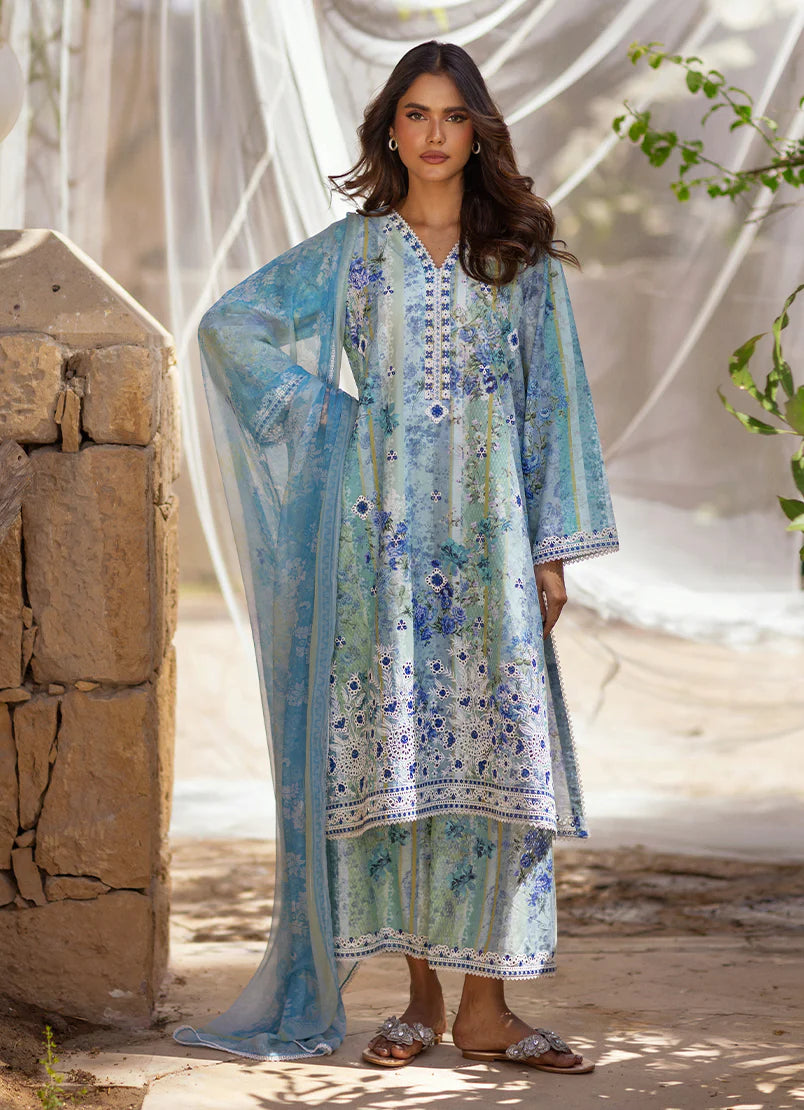 Celestial Blue Printed Dhanak 3-Piece Outfit