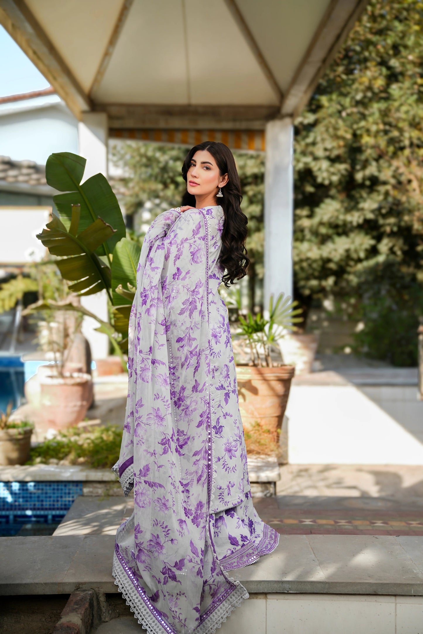 White & Purple Printed Pure Dhanak 3-Piece Suit