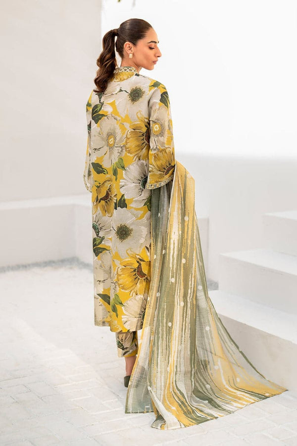 Yellow & Green Floral Embroidered Dhanak 3-Piece Suit
