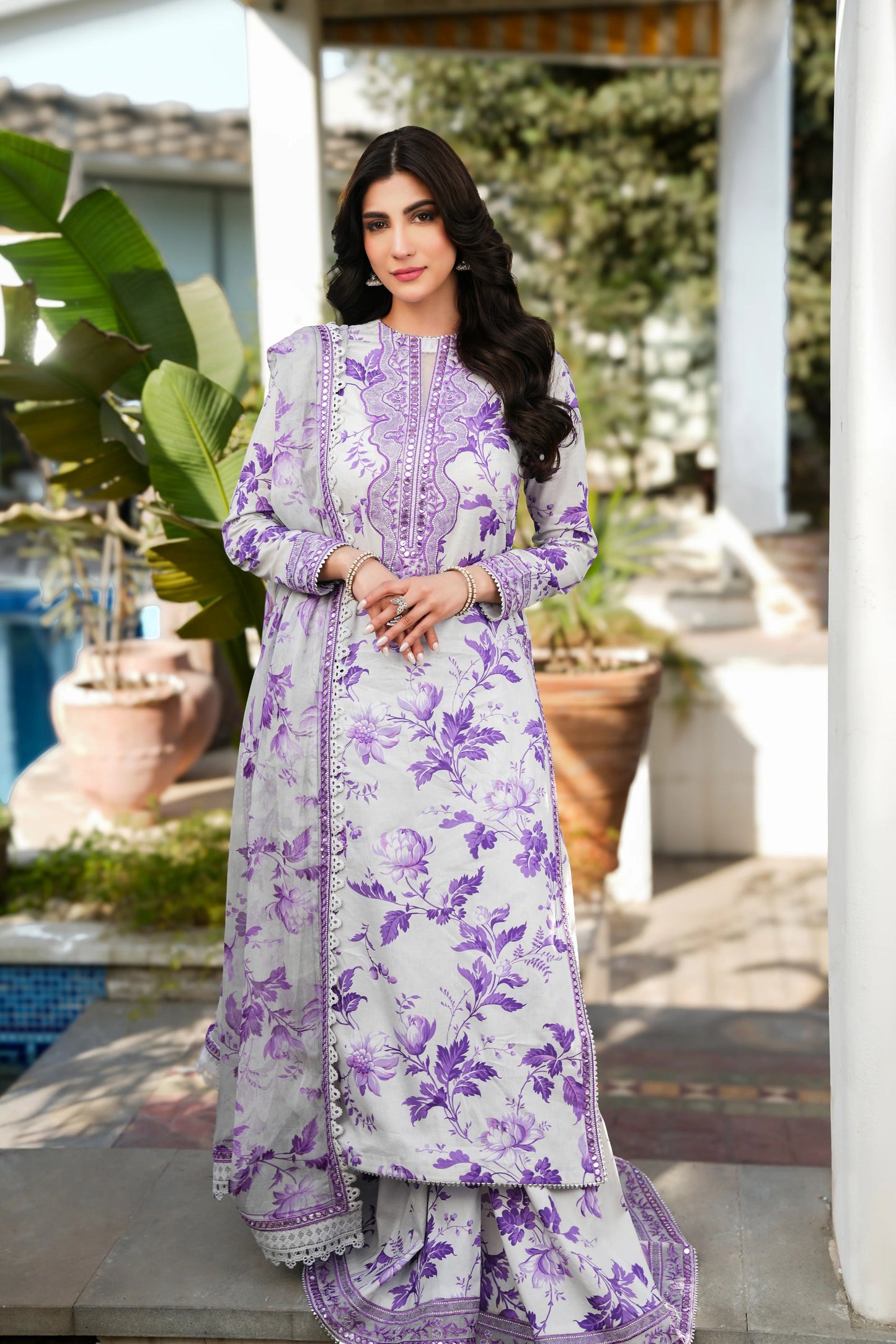 White & Purple Printed Pure Dhanak 3-Piece Suit