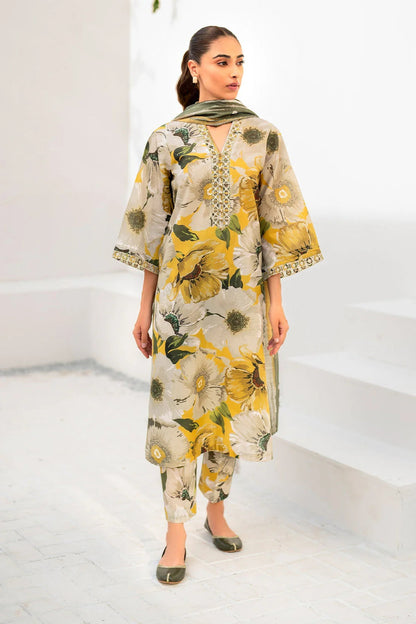 Yellow & Green Floral Embroidered Dhanak 3-Piece Suit