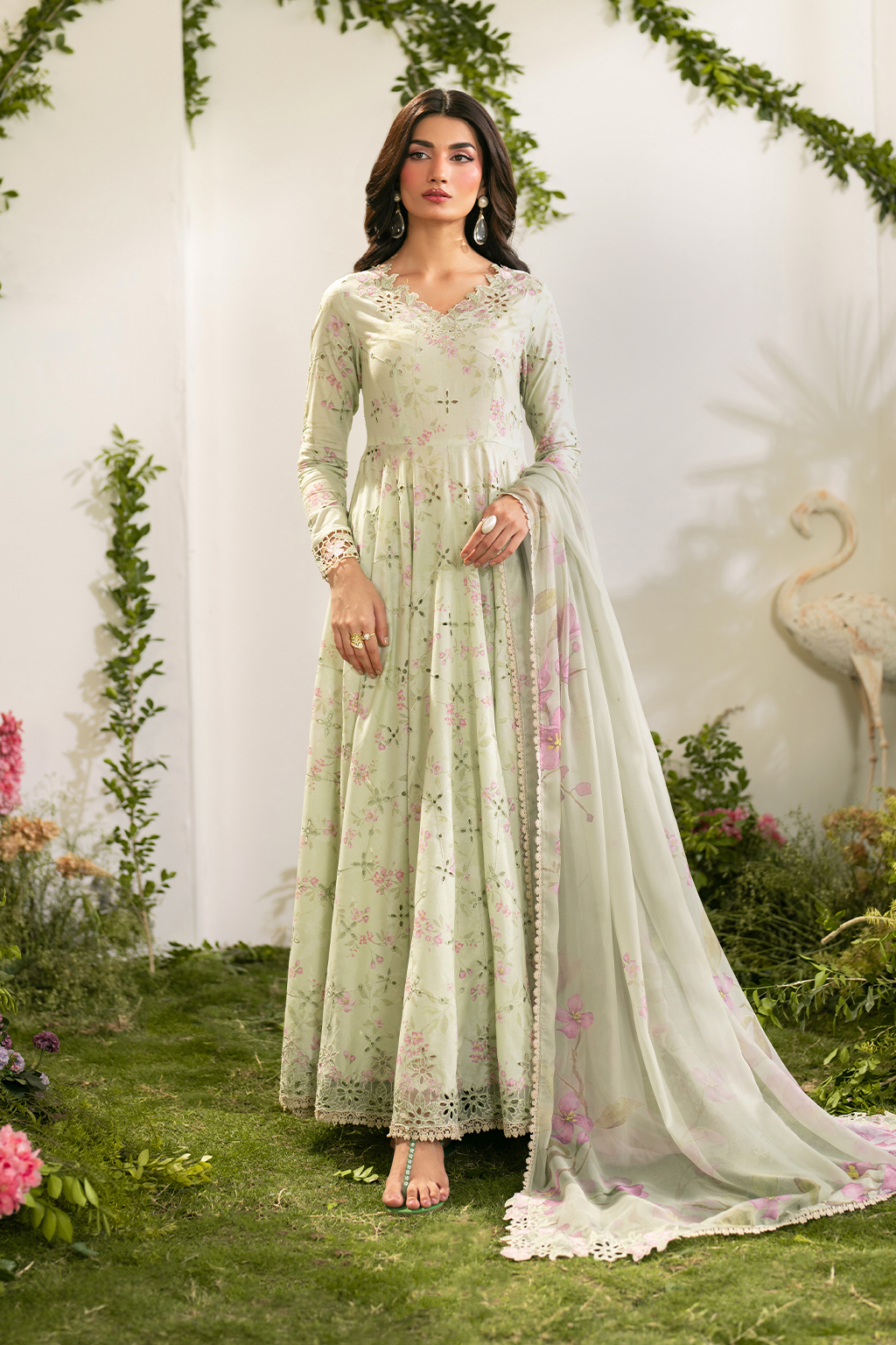 Pastel Green Floral Embroidered Dhanak 3-Piece Suit
