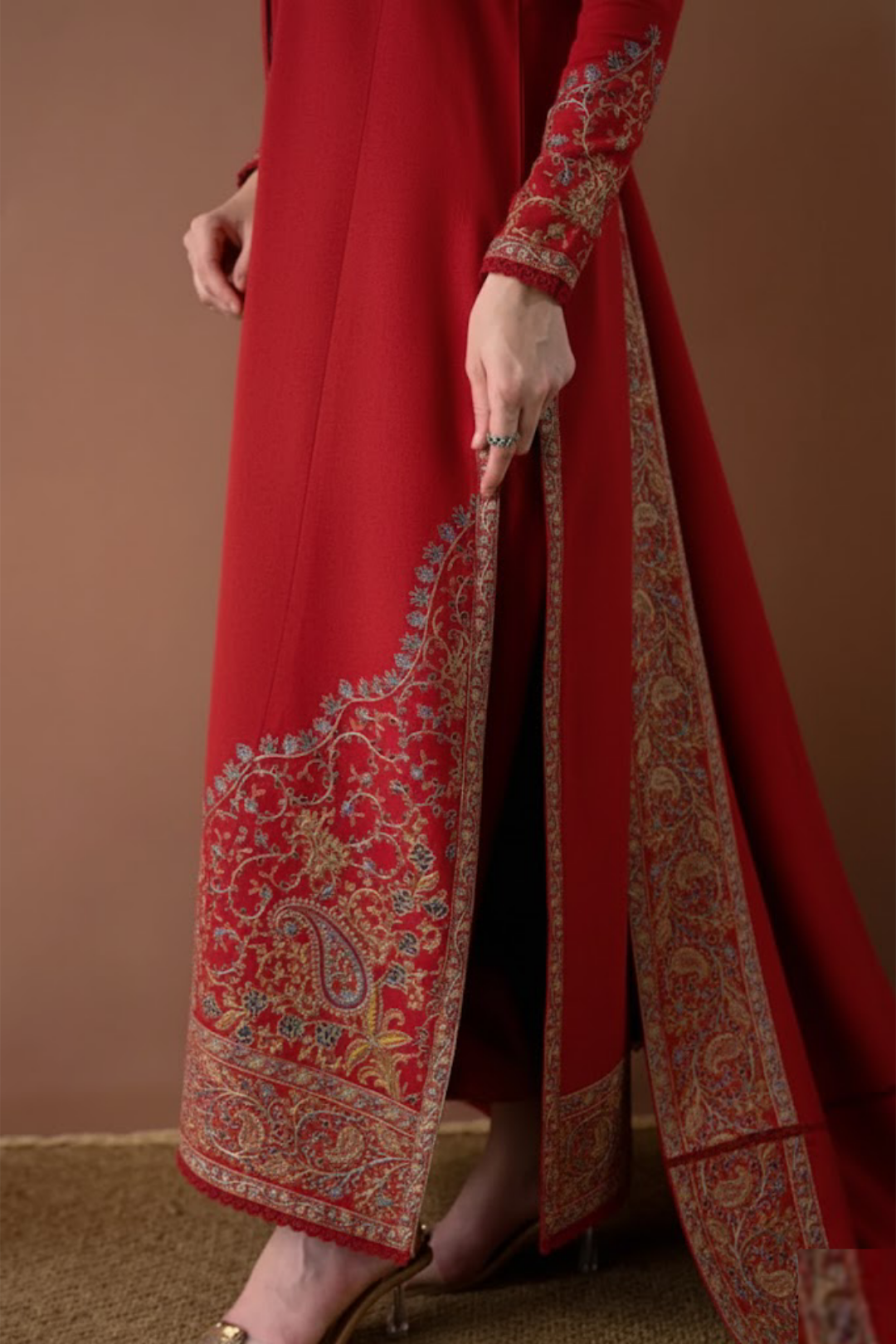 Scarlett Red Embroidered Dhanak 3-Piece Outfit - Festive Attire