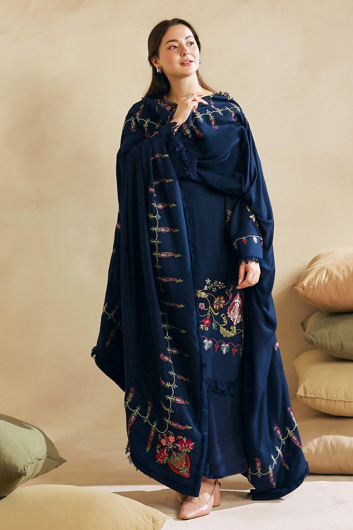 Floral Blue Embroidered Dhanak 3-Piece Outfit - Festive Attire