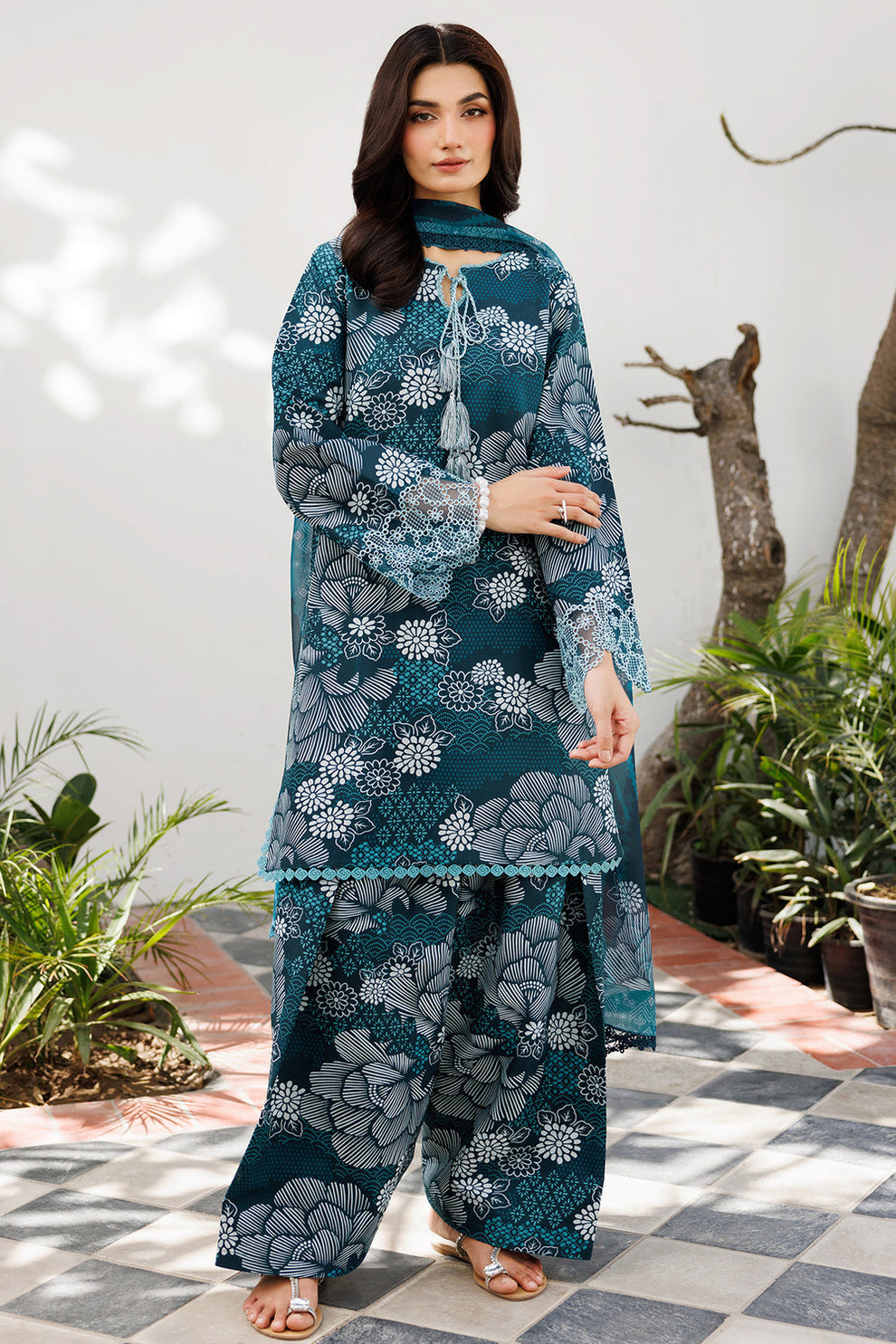 Teal Petal Chic Printed Lawn 3-Piece Outfit - Festive Wear